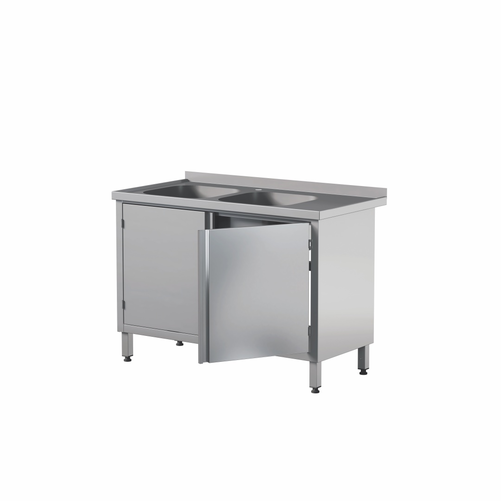 Stół przyścienny ze zlewem dwukomorowym i szafką dwudrzwiową, ze stali nierdzewnej 1600x600x850 mm, ECO Line | EDENOX, STW-166/2 PL L 2HD C