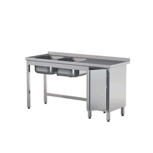 Stół przyścienny z dwoma zlewami i szafką ze stali nierdzewnej, 2400x700x850 mm, Eco Line | EDENOX, STW-247/2 PL L HD