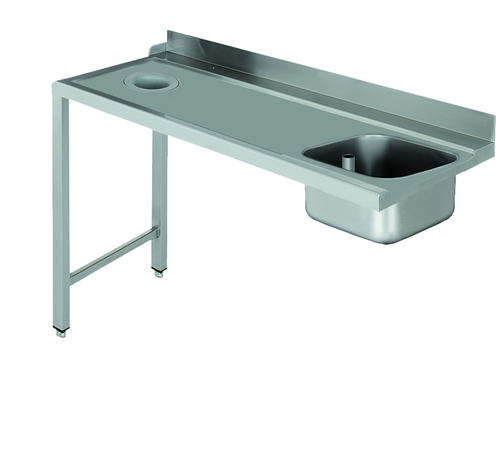Stół załadowczy na 2 nogach ze zlewozmywakiem i z otworem na odpadki, z podłączeniem zmywarki z lewej strony ze stali nierdzewnej, 1400x700x850 mm, Eco Line | EDENOX, DSTL-147 H 2L