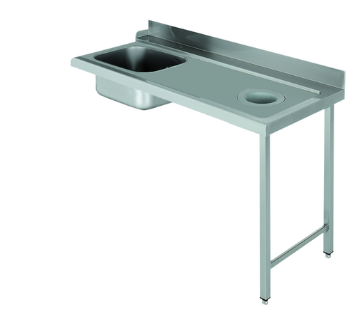 Stół załadowczy na 2 nogach ze zlewozmywakiem i z otworem na odpadki, z podłączeniem zmywarki z prawej strony ze stali nierdzewnej, 1200x700x850 mm, Eco Line | EDENOX, DSTR-127 H 2L
