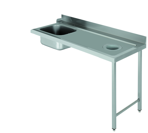 Stół załadowczy na 2 nogach ze zlewozmywakiem i z otworem na odpadki, z podłączeniem zmywarki z prawej strony ze stali nierdzewnej, 1300x700x850 mm, Eco Line | EDENOX, DSTR-137 H 2L