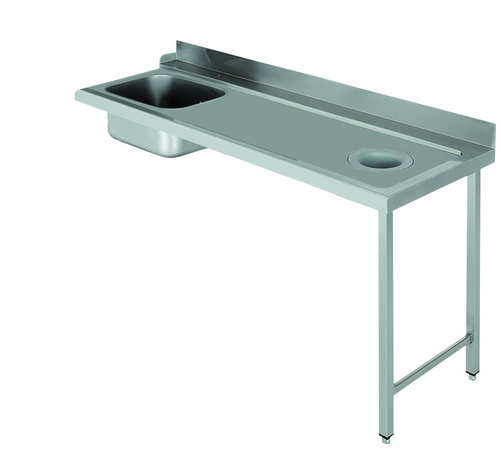 Stół załadowczy na 2 nogach ze zlewozmywakiem i z otworem na odpadki, z podłączeniem zmywarki z prawej strony ze stali nierdzewnej, 1500x700x850 mm, Eco Line | EDENOX, DSTR-157 H 2L