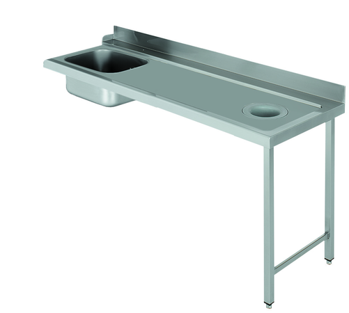 Stół załadowczy na 2 nogach ze zlewozmywakiem i z otworem na odpadki, z podłączeniem zmywarki z prawej strony ze stali nierdzewnej, 1600x700x850 mm, Eco Line | EDENOX, DSTR-167 H 2L