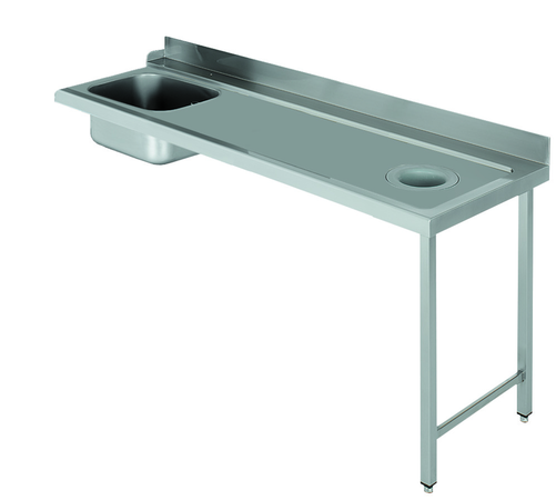 Stół załadowczy na 2 nogach ze zlewozmywakiem i z otworem na odpadki, z podłączeniem zmywarki z prawej strony ze stali nierdzewnej, 1700x700x850 mm, Eco Line | EDENOX, DSTR-177 H 2L