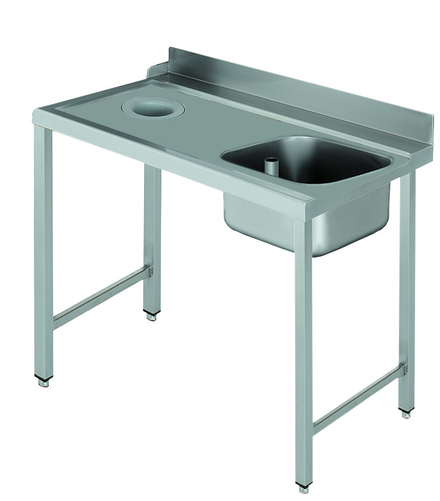 Stół załadowczy na 4 nogach ze zlewozmywakiem i z otworem na odpadki, z podłączeniem zmywarki z prawej strony ze stali nierdzewnej, 1000x700x850 mm, Eco Line | EDENOX, DSTL-107 H 4L