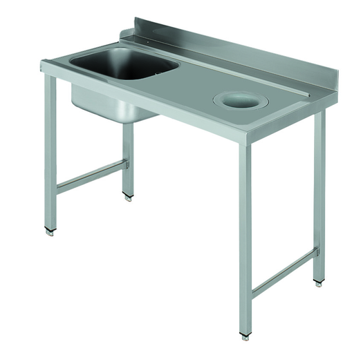 Stół załadowczy na 4 nogach ze zlewozmywakiem i z otworem na odpadki, z podłączeniem zmywarki z prawej strony ze stali nierdzewnej, 1100x700x850 mm, Eco Line | EDENOX, DSTR-117 H 4L
