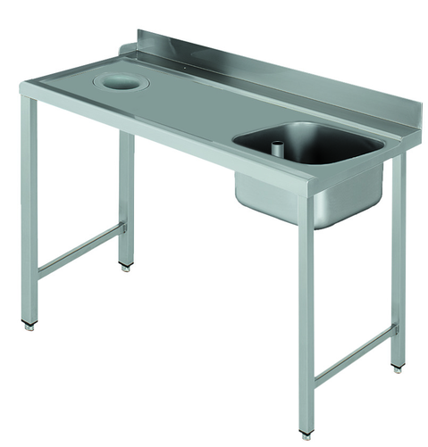 Stół załadowczy na 4 nogach ze zlewozmywakiem i z otworem na odpadki, z podłączeniem zmywarki z prawej strony ze stali nierdzewnej, 1200x700x850 mm, Eco Line | EDENOX, DSTL-127 H 4L