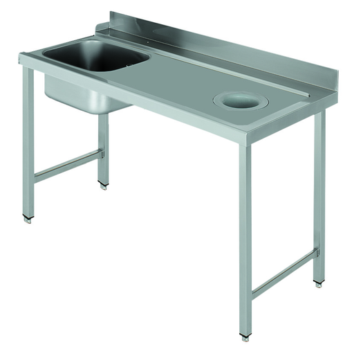 Stół załadowczy na 4 nogach ze zlewozmywakiem i z otworem na odpadki, z podłączeniem zmywarki z prawej strony ze stali nierdzewnej, 1200x700x850 mm, Eco Line | EDENOX, DSTR-127 H 4L