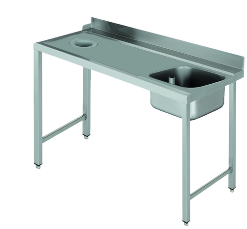 Stół załadowczy na 4 nogach ze zlewozmywakiem i z otworem na odpadki, z podłączeniem zmywarki z prawej strony ze stali nierdzewnej, 1300x700x850 mm, Eco Line | EDENOX, DSTL-137 H 4L