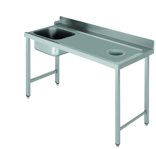 Stół załadowczy na 4 nogach ze zlewozmywakiem i z otworem na odpadki, z podłączeniem zmywarki z prawej strony ze stali nierdzewnej, 1300x700x850 mm, Eco Line | EDENOX, DSTR-137 H 4L