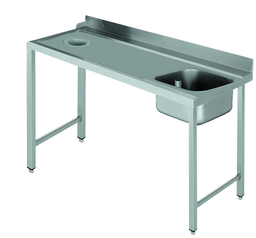 Stół załadowczy na 4 nogach ze zlewozmywakiem i z otworem na odpadki, z podłączeniem zmywarki z prawej strony ze stali nierdzewnej, 1400x700x850 mm, Eco Line | EDENOX, DSTL-147 H 4L