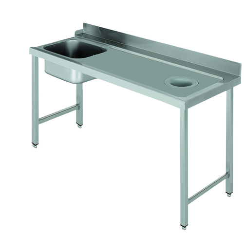 Stół załadowczy na 4 nogach ze zlewozmywakiem i z otworem na odpadki, z podłączeniem zmywarki z prawej strony ze stali nierdzewnej, 1400x700x850 mm, Eco Line | EDENOX, DSTR-147 H 4L