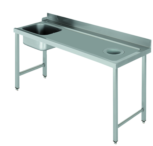 Stół załadowczy na 4 nogach ze zlewozmywakiem i z otworem na odpadki, z podłączeniem zmywarki z prawej strony ze stali nierdzewnej, 1500x700x850 mm, Eco Line | EDENOX, DSTR-157 H 4L