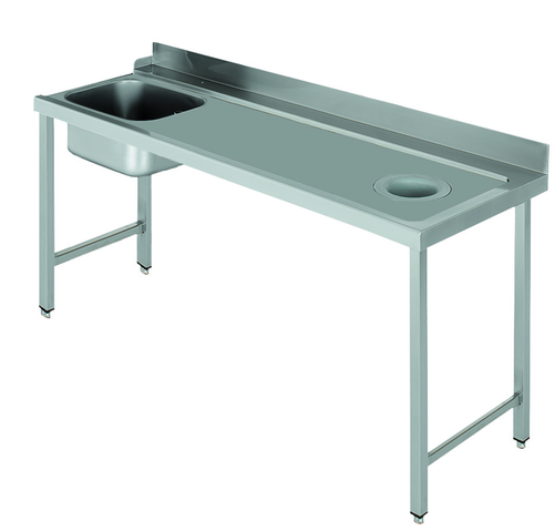 Stół załadowczy na 4 nogach ze zlewozmywakiem i z otworem na odpadki, z podłączeniem zmywarki z prawej strony ze stali nierdzewnej, 1600x700x850 mm, Eco Line | EDENOX, DSTR-167 H 4L