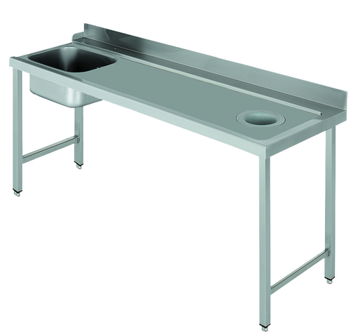 Stół załadowczy na 4 nogach ze zlewozmywakiem i z otworem na odpadki, z podłączeniem zmywarki z prawej strony ze stali nierdzewnej, 1700x700x850 mm, Eco Line | EDENOX, DSTR-177 H 4L