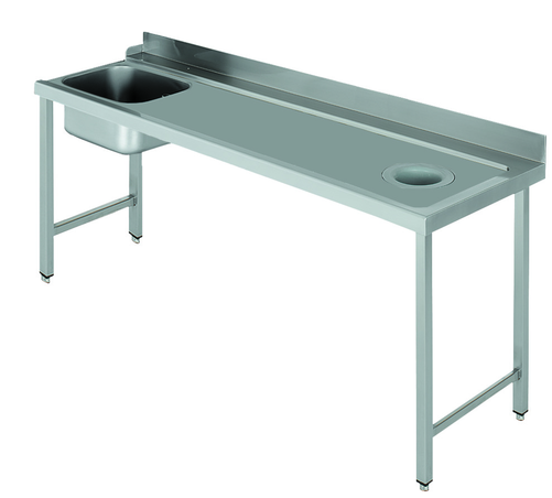 Stół załadowczy na 4 nogach ze zlewozmywakiem i z otworem na odpadki, z podłączeniem zmywarki z prawej strony ze stali nierdzewnej, 1800x700x850 mm, Eco Line | EDENOX, DSTR-187 H 4L