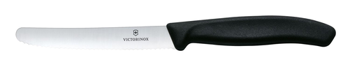 Nóż do pomidorów, zaokrąglony czubek, ząbkowane ostrze 11 cm, inox, czarny | VICTORINOX, 6,7833