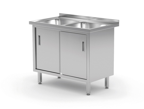 Stół z dwoma zlewami, szafka z drzwiami suwanymi, 1000x600x850 mm, inox | HENDI, 813690