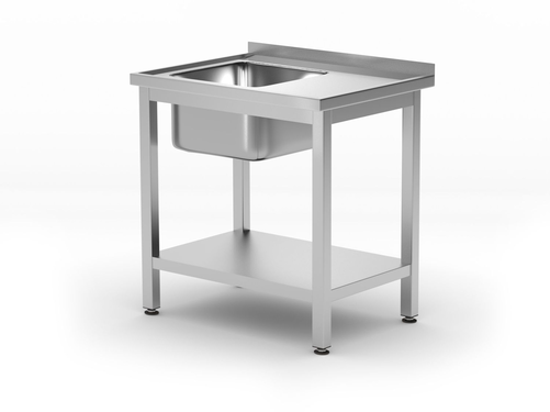 Stół z jednym zlewem z półką, lewy, skręcany, 800x600x850 mm, inox | HENDI, 812495