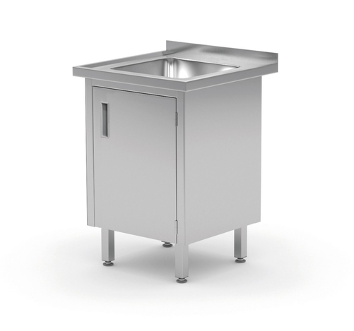 Stół ze zlewem, szafka z drzwiami na zawiasach, 500x600x850 mm, inox | HENDI, 813492