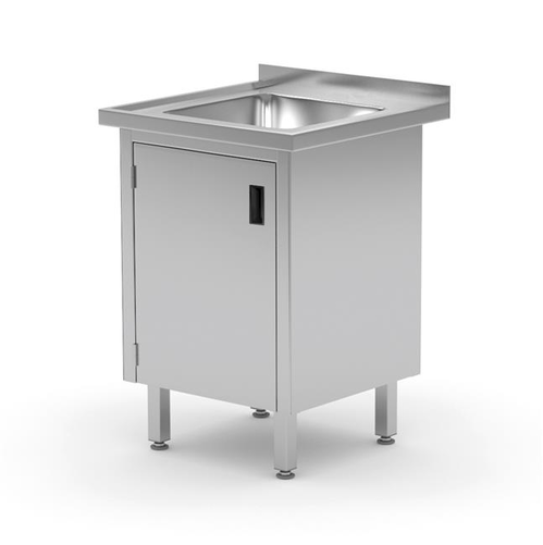 Stół ze zlewem, szafka z drzwiami na zawiasach, 600x700x850 mm, inox | HENDI, 813546