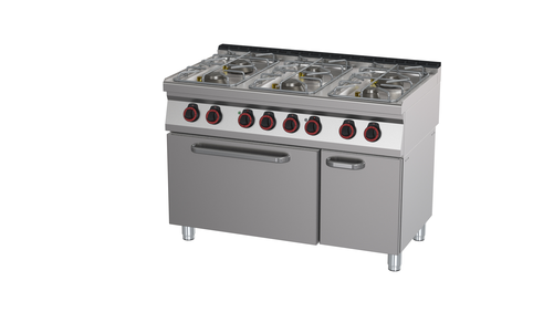 Kuchnia gazowa 6-palnikowa z piekarnikiem elektrycznym, 45,3 kW, 1200x700x900 mm, inox, czarna | REDFOX, SPT 70/120 21 GE