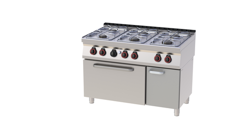 Kuchnia gazowa 6-palnikowa z piekarnikiem gazowym, 37 kW, 1200x700x900 mm, inox, czarna | REDFOX, SPBT 70/120 21 G