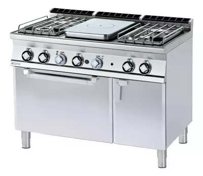 Kuchnia żeliwna gazowa 5-palnikowa z piekarnikiem elektrycznym, 34 kW, 1200x700x900 mm, 400 V, inox | RMGASTRO, TPFV4 - 712 GEV/P