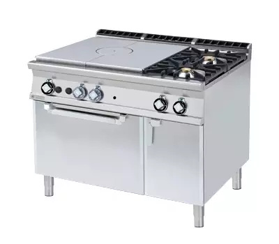 Kuchnia żeliwna gazowa 2-palnikowa z piekarnikiem elektrycznym i szafką,38.2 kW, 1200x900x900 mm, inox, czarna | RMGASTRO, TPFV2 - 912 GEV