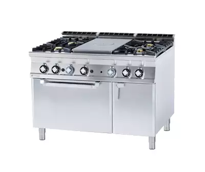 Kuchnia gazowa 5-palnikowa z piekarnikiem elektrycznym, 40,32 kW, 1200x900x900 mm, inox, czarna | RMGASTRO, TPFV4 - 912 GEV