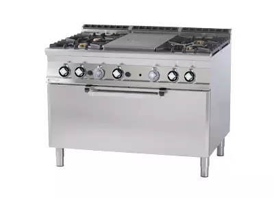 Kuchnia gazowa 5-palnikowa z piekarnikiem elektrycznym, 44,2 kW, 1200x900x900 mm, inox, czarna | RMGASTRO, TPF4 - 912 GE