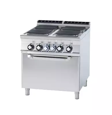 Kuchnia elektryczna 4-płytowa z piekarnikiem elektrycznym, 21.32 kW, 800x900x900 mm, 400 V, inox, czarna | RMGASTRO, CFVQ4 - 98 ET