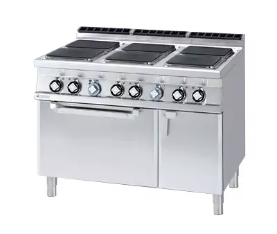 Kuchnia elektryczna 6-płytowa z piekarnikiem elektrycznym, 29.32 kW, 1200x900x900 mm,  400 V, inox, czarna | RMGASTRO, CFVQ6 - 912 ETV