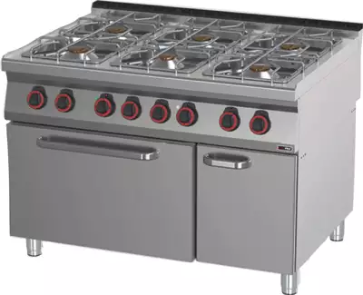 Kuchnia gazowa 6-palnikowa z piekarnikiem elektrycznym 46,8 kW, 1200x900x900 mm, inox | REDFOX, SPT 90/120 - 21 GE