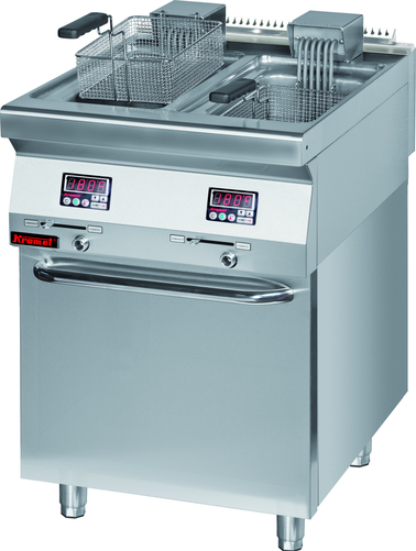 Frytownica elektryczna dwukomorowa 2x 8 l z kranem spustowym i elektronicznym sterowaniem, na podstawie zamniętej z drzwiami, 16 kW, 400 V, 800x700x900 mm | KROMET, 700.FE-2x10f.S.D