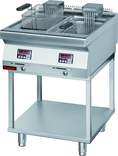 Frytownica elektryczna dwukomorowa 2x 8 l z kranem spustowym i elektronicznym sterowaniem, na podstawie szkieletowej, 16 kW, 400 V, 800x700x900 mm | KROMET, 700.FE-2x10f.T