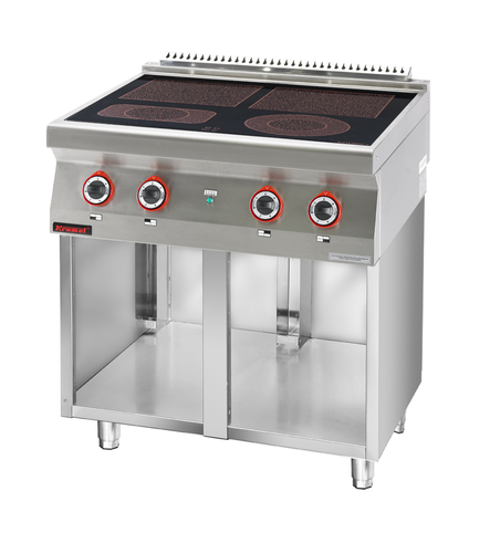 Kuchnia elektryczna ceramiczna 4 pola 2x4 kW + 1x2,1 kW + 1x2 kW na podstawie szafkowej otwartej, 800x700x900 mm | KROMET, 700.KE-4C.S
