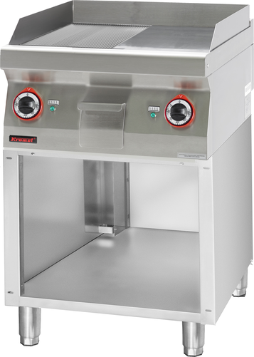 Płyta grillowa 1/2gł. + 1/2ryf. chromowana 600 mm, 8 kW na podstawie szafkowej otwartej, 600x700x900 mm | KROMET, 700.PBE-600GR.S
