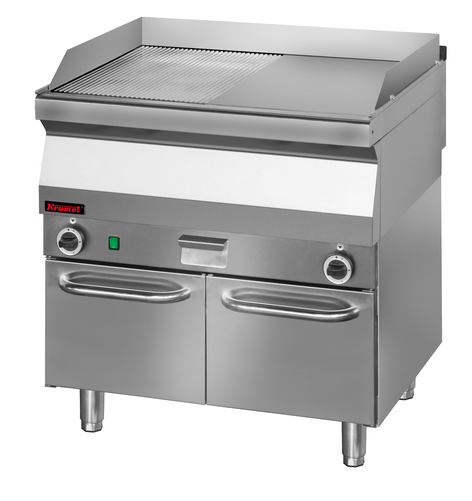 Płyta grillowa 1/2gł. + 1/2ryf. chromowana 800 mm, 9,6 kW na podstawie szafkowej zamkniętej, 800x700x900 mm | KROMET, 700.PBE-800GR.S.D