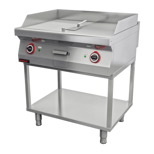 Płyta grillowa 1/2gł. + 1/2ryf. chromowana 800 mm, 9,6 kW na podstawie szkieletowej, 800x700x900 mm | KROMET, 700.PBE-800GR.T