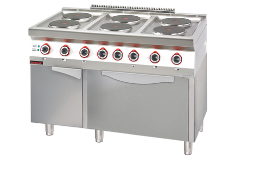 Kuchnia elektryczna z piekarnikiem elektrycznym 6x2,6 kW + 3,5 kW (piekarnik) na szafce z drzwiami, 1200x700x900 mm | KROMET, 700.KE-6/PE-1T/SD