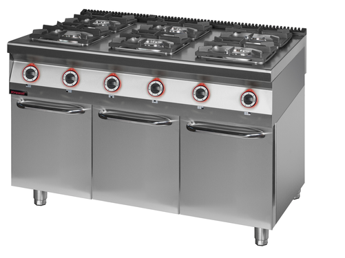 Kuchnia gazowa 6 palnikowa 2x4,5 kW + 2x7,5 kW + 2x9 kW na podstawie szafkowej zamkniętej, 1350x900x900 mm | KROMET, 900.KG-6.S.D