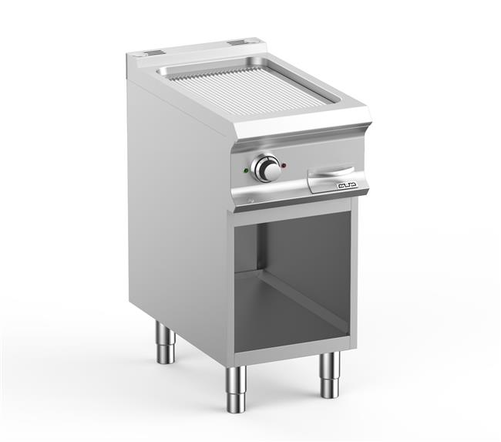 Płyta grillowa elektryczna, ze stali nierdzewnej, ryflowana chromowana, na podstawie z 3 stron zamkniętej, 5 kW, 400x730x850 mm | MBM, DominaPro 700