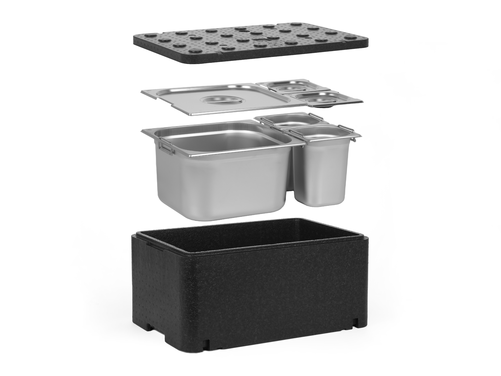 [Zestaw] Pojemnik termoizolacyjny GN 1/1 250 mm | Essential Line + 1x Pojemnik GN 2/3 z uchwytami + 2x GN 1/6 z uchwytami, 200 mm, ze stali nierdzewnej + pokrywy