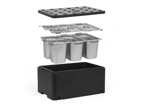 [Zestaw] Pojemnik termoizolacyjny GN 1/1 250 mm | Essential Line + 2x Pojemnik GN 1/3 z uchwytami + 2x GN 1/6 z uchwytami, 200 mm, ze stali nierdzewnej + pokrywy