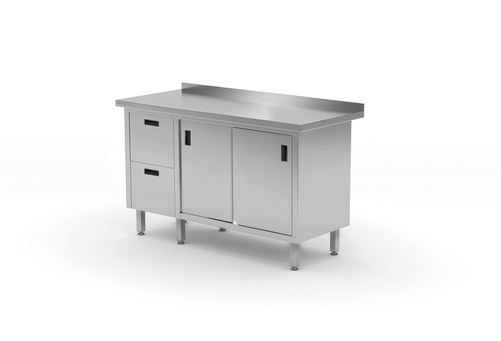 Stół przyścienny z blokiem dwóch szuflad po lewej stronie i szafką z drzwiami suwanymi 1300x700x850 mm | TECHNICA, 131L1370