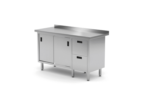 Stół przyścienny z blokiem dwóch szuflad po prawej stronie i szafką z drzwiami suwanymi 1800x700x850 mm | TECHNICA, 131P1870