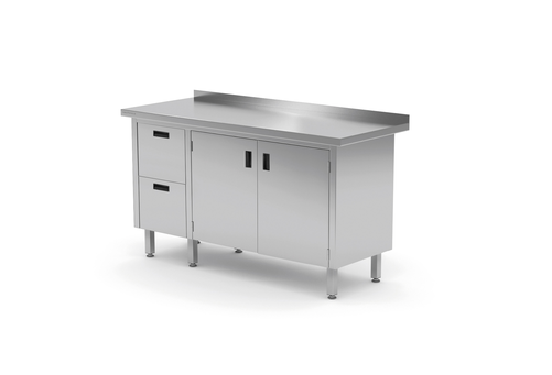 Stół przyścienny z blokiem dwóch szuflad po lewej stronie i szafką z drzwiami skrzydłowymi 1300x700x850 mm | TECHNICA, 133L1370