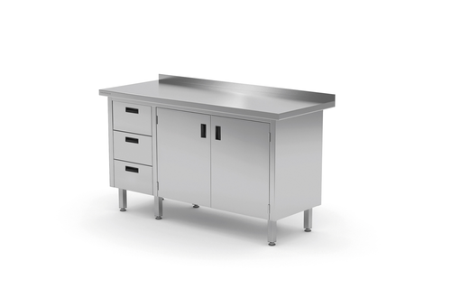 Stół przyścienny z blokiem trzech szuflad po lewej stronie i szafką z drzwiami skrzydłowymi 1600x700x850 mm | TECHNICA, 138L1670