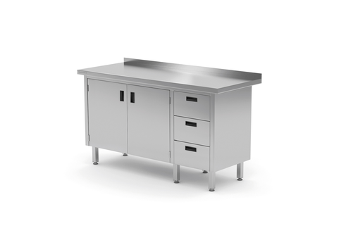 Stół przyścienny z blokiem trzech szuflad po prawej stronie i szafką z drzwiami skrzydłowymi 1300x700x850 mm | TECHNICA, 138P1370